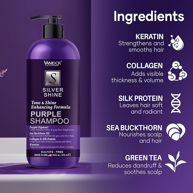 Brass Toning Purple Shampoo for Grey and Silver Hair, Infused with Purple Pigment, Sulfate Free Shampoo for Gray and Silver Hair (16 fl oz)-Velvo Beauty