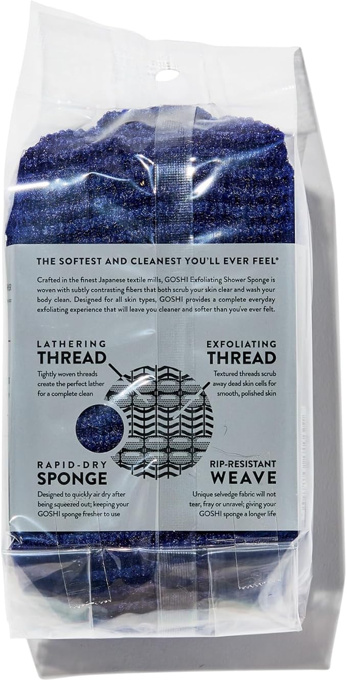 GOSHI Exfoliating Shower Sponge - Rip-Resistant, Rapid-Drying Exfoliating Bath Sponge for All Skin Types - Indigo Blue - Made in Japan-Velvo Beauty