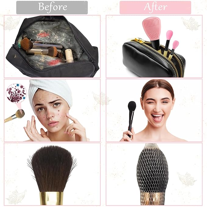 Silicone Travel Make-up Brush Holder with Cleaner Mat Pad, Organizer Case Covers for Foundation Eye Lip Brushes Storage Cleaning, Gift for Women Girl-Friend Mother Wife, 3-Pcs Large + 5 Small, Blue-Velvo Beauty