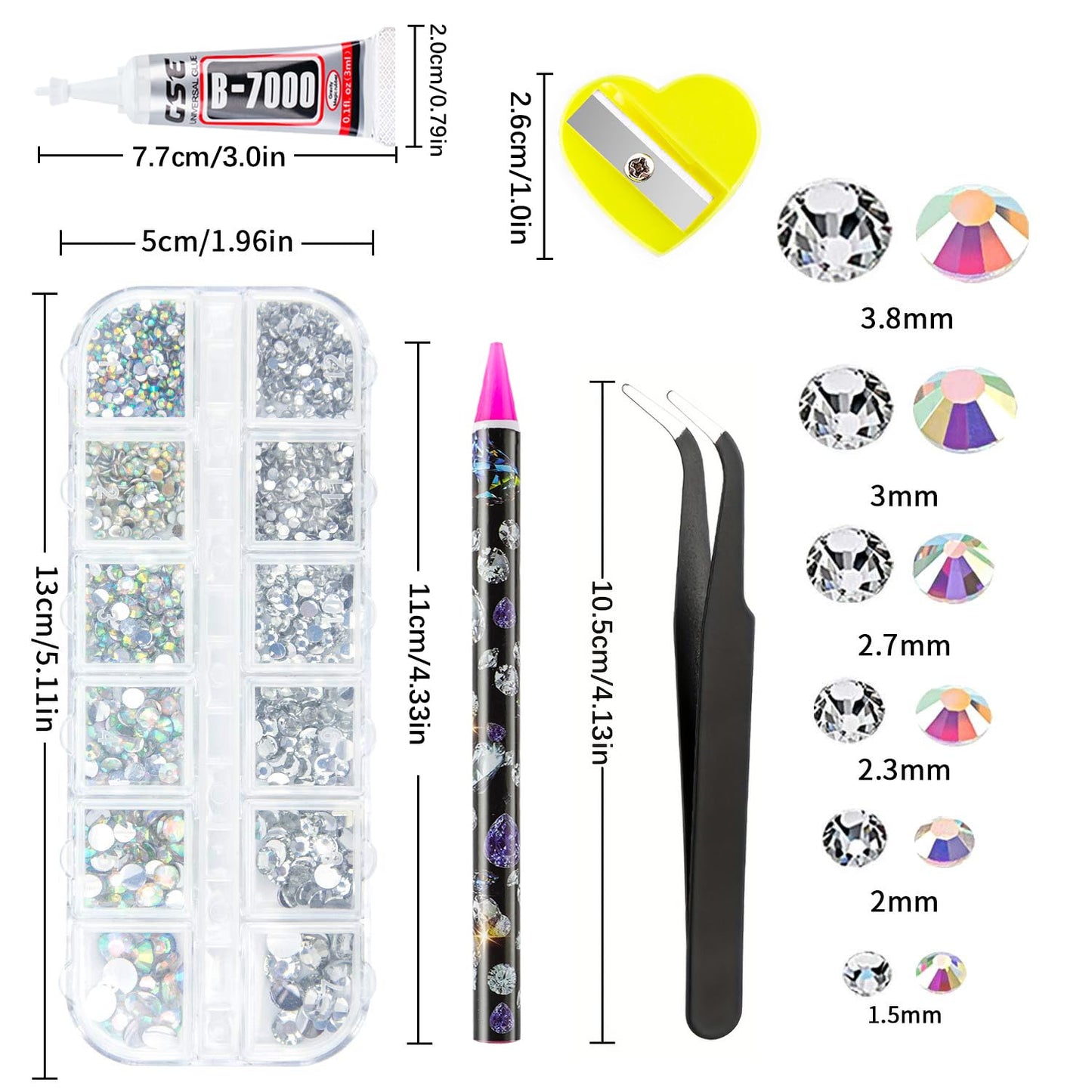 Canvalite Rhinestones 2784PCS in 6 Sizes Flat Back Gems, Crystal AB Art Gems with 5Pcs B7000 Glue, Pick Up Tweezers and Picker Dotting Pen for Nails, Makeup, Stocking Stuffers Gifts for Women-Velvo Beauty