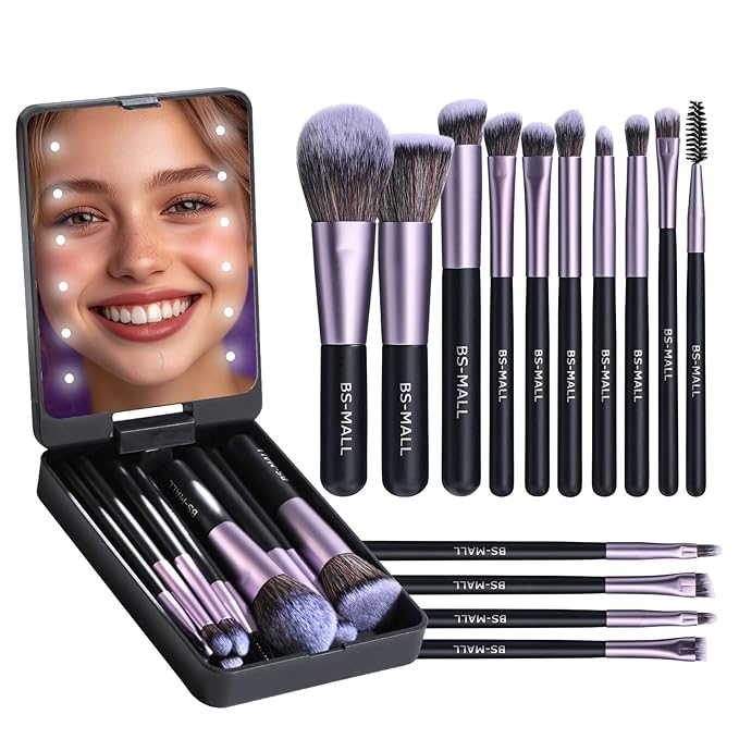 BS-MALL Travel Makeup Brush Set Foundation Powder Concealers Eye Shadows Makeup Set with LED light Mirror 14 Pcs (Purple)-Velvo Beauty