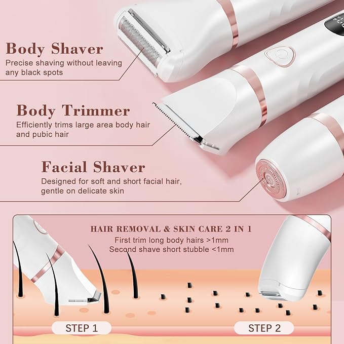 Bikini Trimmer for Women, 3-in-1 Waterproof Electric Shaver, Cordless Pubic & Body Hair Trimmer, Facial Shaver, Easy-Clean Razors with Ceramic Blade, Type-C Rechargeable, Led Display-Velvo Beauty