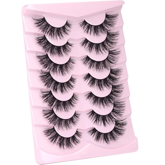 Mink Lashes False Eyelashes Natural Look Wispy Cat Eye Flat Lashes 3D Mink Lashes Natural Fake Lashes 18mm Strip Lashes Pack 7 Pairs-Velvo Beauty