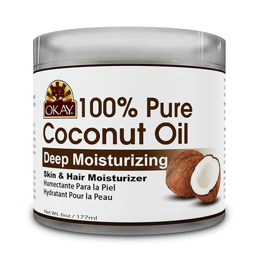 Okay 100% Pure Coconut Oil for Hair & Skin - Coconut Oil for Women & Men, Perfect for Hair & body, Natural Massage Oil & Moisturizer - 6 fl oz Jar (Pack of 1)-Velvo Beauty
