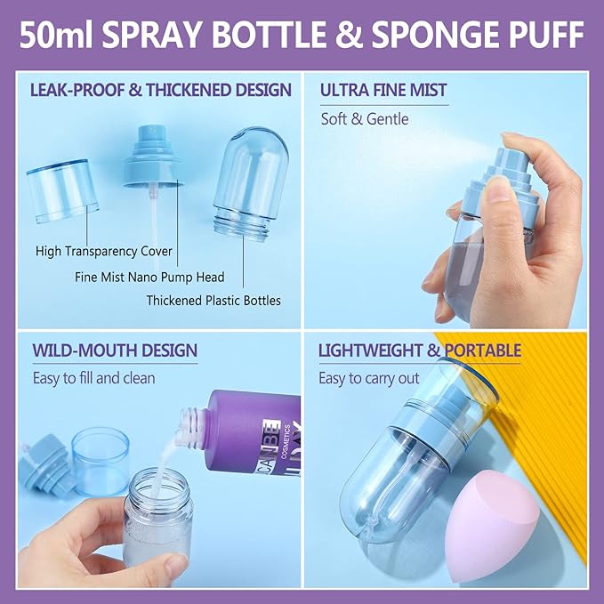 Long Lasting Makeup Setting Spray Kit- 6.76 Fl oz Hydrating Matte Finish Mist Lightweight Face Make up Fixer +Travel Size Spray Bottle+Sponge Puff Makeup Set-Velvo Beauty