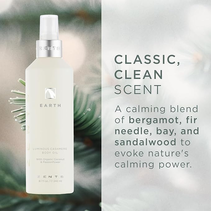 Zents Luminous Cashmere Body Oil (Earth Fragrance) | Moisturizing Body Oil with Vitamin E & Organic Coconut Oil | Softens & Smooths Skin | 8 fl oz