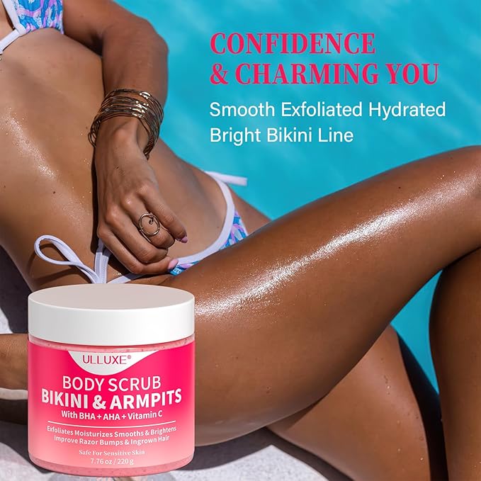 Bikini Area Exfoliator with 10% AHAs BHA & Vitamin C, Exfoliating Body Scrub for Ingrown Hair and Underarm Bumps, Dark Spots, Moisturize Brighten Soothe & Even Skin Tone, Sensitive Skin Safe, 7.76 oz-Velvo Beauty