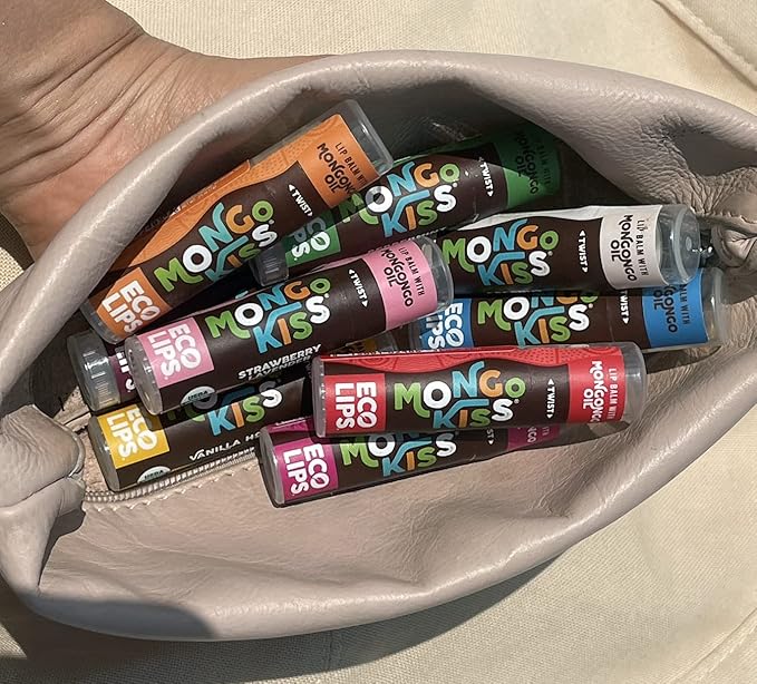 Eco Lips Mongo Kiss Organic Lip Balm 7 Pack - Blood Orange, Black Cherry, Pomegranate, Vanilla Honey, Peppermint, Strawberry Lavender, Yumberry | Mongongo Oil to Soothe & Moisturize Dry, Cracked Lips-Velvo Beauty