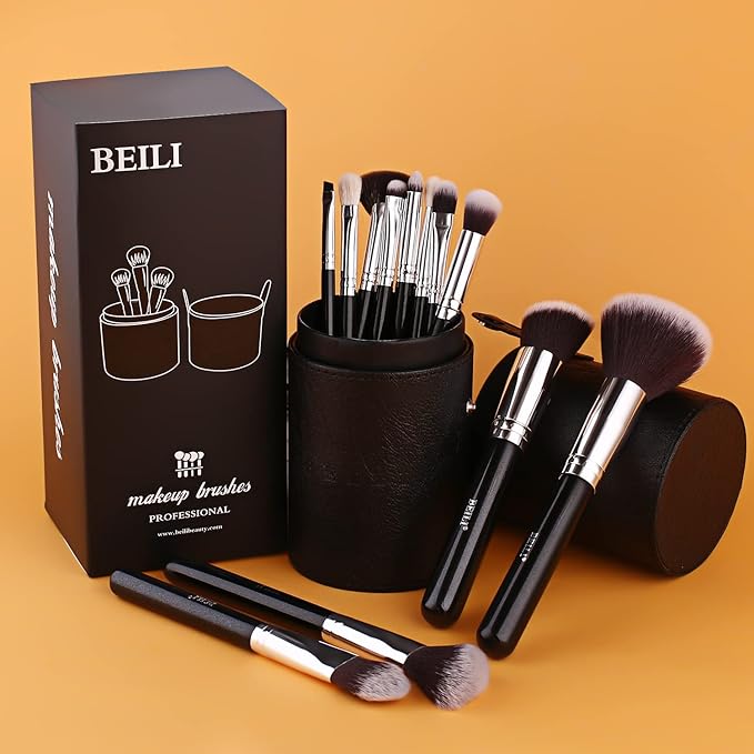 BEILI Makeup Brushes 12pcs Makeup Brushes Set with Holder Premium Synthetic Kabuki Foundation Brush Blending Blush Concealer Full Face Makeup Brushes Kit With Gift Box(Black)-Velvo Beauty