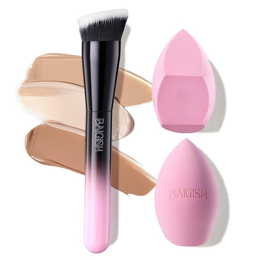 Makeup Brush Set, Flat Top Kabuki Brush Premium Foundation Brush for Liquid, Cream, and Powder with 2 Makeup Sponge for Foundation, Powder, Blush, and Concealer-Velvo Beauty