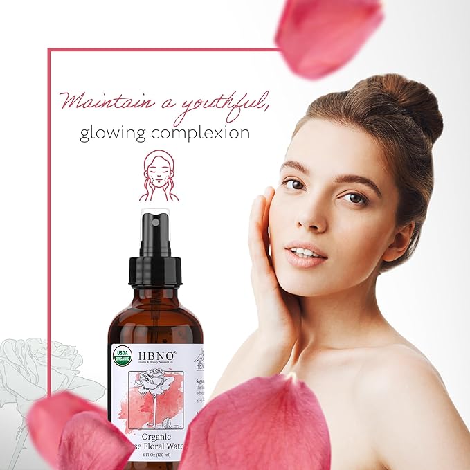 HBNO California Bottled Organic Rose Water for Face 4 fl oz (120ml) - USDA Certified Organic Rose Water Spray for Cleansing- Pure Rosewater for Hair - Rosewater Face Mist-Velvo Beauty