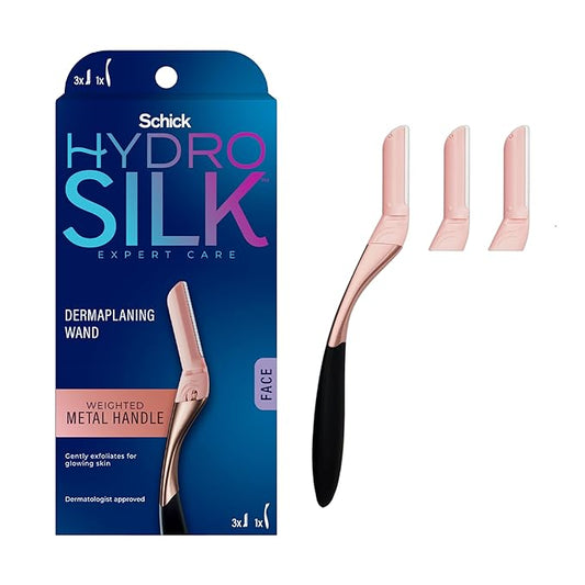 Schick Hydro Silk Dermaplaning Wand, Dermaplaning Tool for Face | Dermaplane Razor for Women Face, Eyebrow Razor, Peach Fuzz Remover, Includes 1 Weighted Metal Handle with 3 Refill Blades-Velvo Beauty