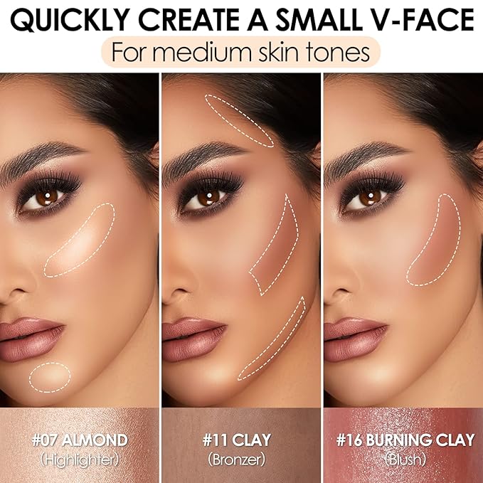 FOCALLURE 3 Pcs Cream Contour Sticks,Shades with Highlighter & Bronzer & Blush,Non-greasy Long-wear Face Contouring Pen,Easy to Sculpt the Face and Create a Lightweight Finishing Makeup,MEDIUM-Velvo Beauty