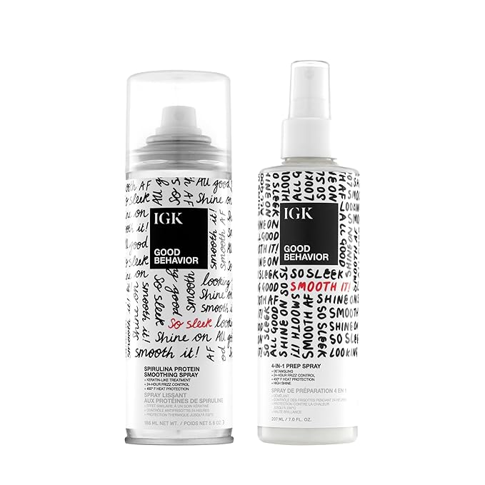 IGK GOOD BEHAVIOR Smoothing Frizz Fighters Set | 4-in-1 Prep Spray + Spirulina Protein Smoothing Spray | Frizz Control + Heat Protectant | Vegan + Cruelty Free-Velvo Beauty