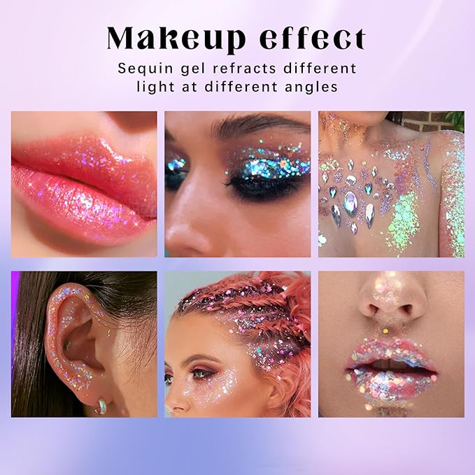 2 Colors Roll-on Body Glitter Gel, Holographic Glitter Gel Under Light for Face Hair, Body Shimmer for Rave Accessories Christmas New Year Halloween Makeup (8+12)-Velvo Beauty