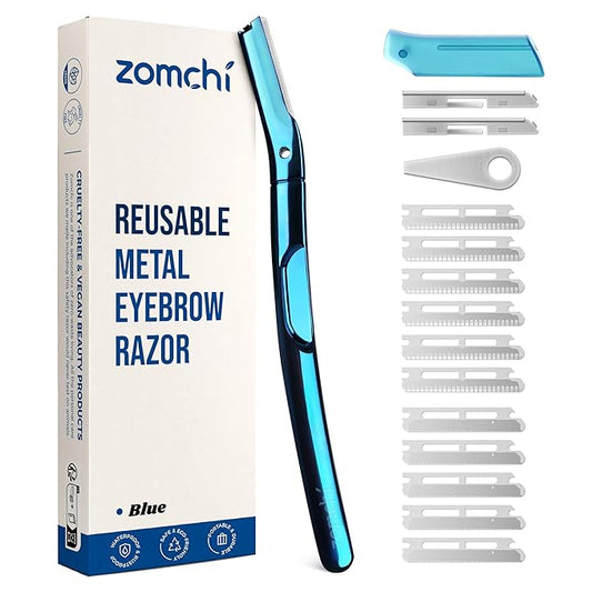 ZOMCHI Eyebrow Razor, Face Razors for Women&Men, Eyebrow Trimmer with Protective Silicone Cap, Dermaplane Razor-Easy&Safe Hair Removal(Blue,11 Blades)-Velvo Beauty
