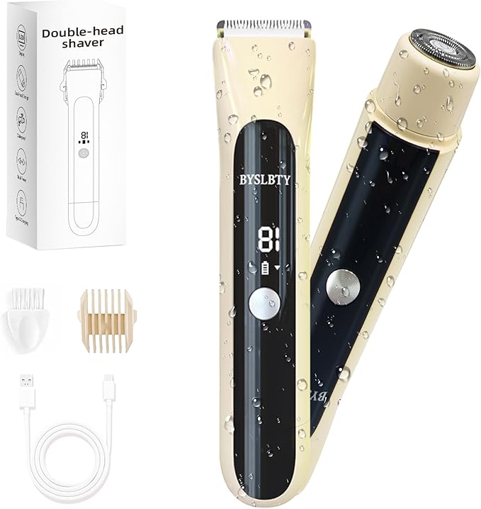 2 in 1 Bikini Trimmer for Women Dual Head Electric Shaver with LED Display,IPX7 Waterproof Wet & Dry, Painless Shaver for Underarm Leg Arm Body Face Private Area Khaki-Velvo Beauty