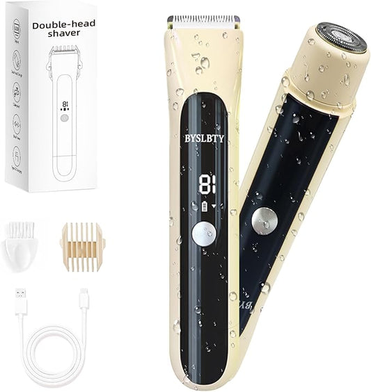 2 in 1 Bikini Trimmer for Women Dual Head Electric Shaver with LED Display,IPX7 Waterproof Wet & Dry, Painless Shaver for Underarm Leg Arm Body Face Private Area Khaki-Velvo Beauty