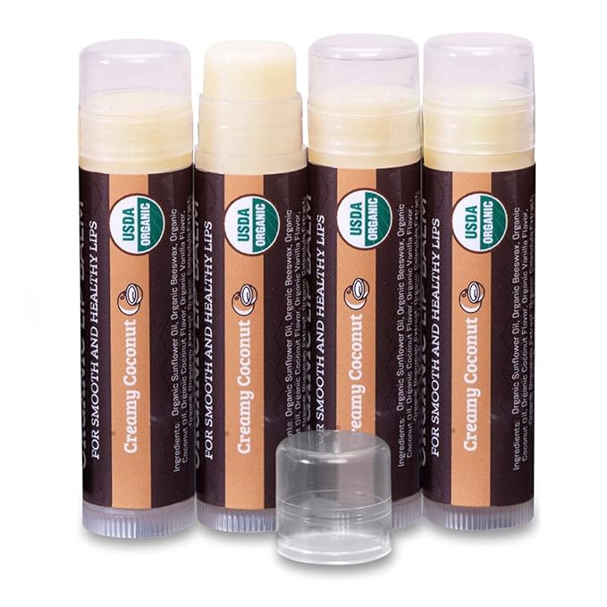USDA Organic Lip Balm 4-Pack by Earth's Daughter - Creamy Coconut Flavor, Beeswax, Coconut Oil, Vitamin E - Best Lip Repair Chapstick for Dry Cracked Lips-Velvo Beauty