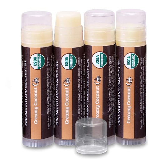 USDA Organic Lip Balm 4-Pack by Earth's Daughter - Creamy Coconut Flavor, Beeswax, Coconut Oil, Vitamin E - Best Lip Repair Chapstick for Dry Cracked Lips-Velvo Beauty