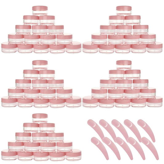 Refillable Cosmetic Sample Jars - 100 Pack 10g (0.35oz) Pink Small Travel Containers with Lids + 10 Mini Makeup Spatulas - BPA Free-Velvo Beauty
