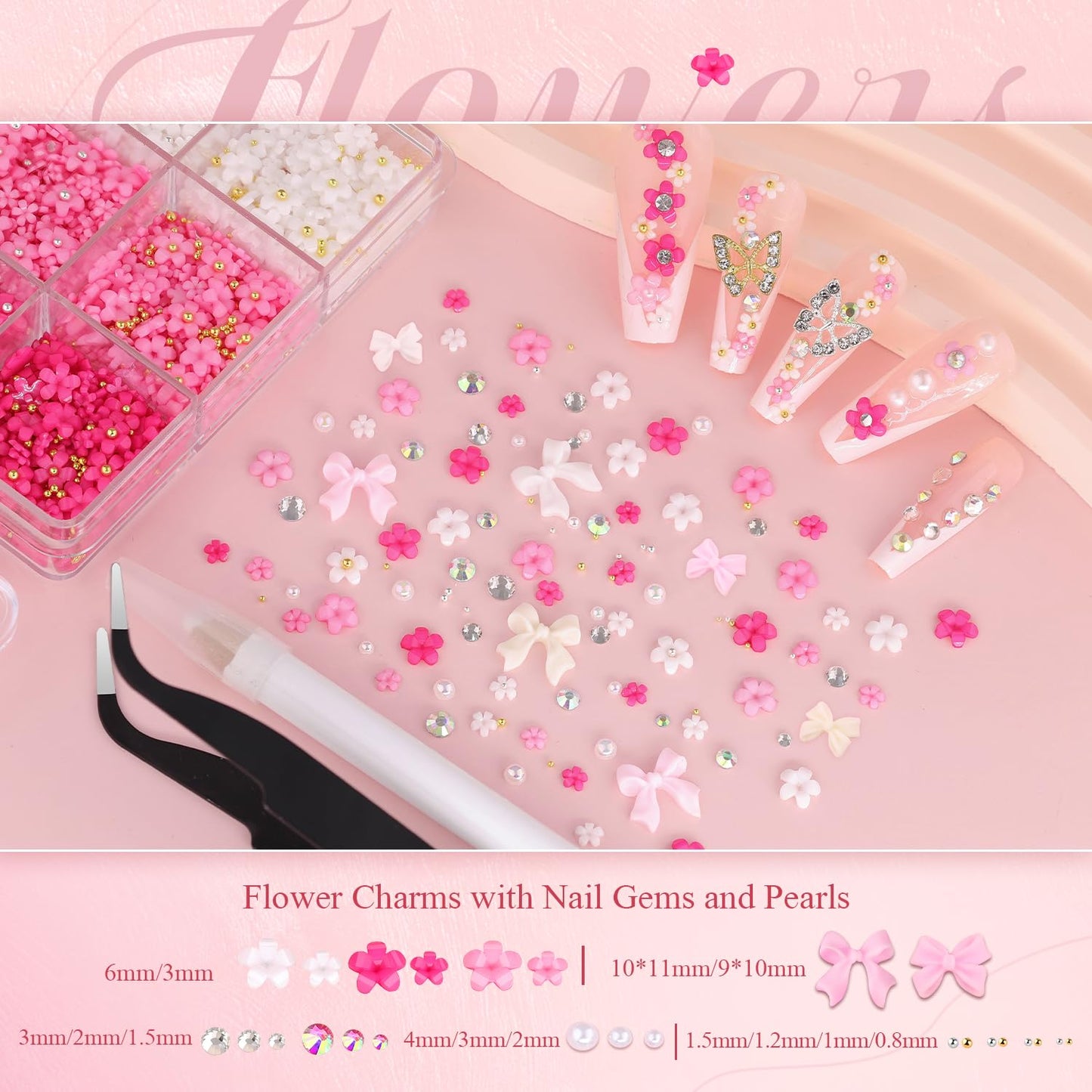3D Nail Charms and Gems Set 6 with Rhinestone Glue, 75PCS Chunky Coquette Pink & White Bow Nail Charms + Kawaii Cute 3D Flowers for Nails + Clear & AB Glass Crystals + Flat Pearls for Y2K Nail Decor-Velvo Beauty