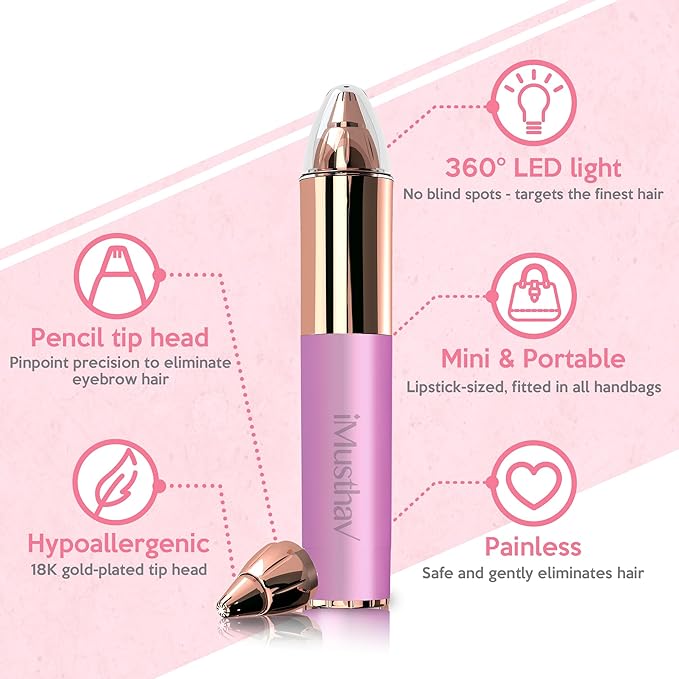 Mini Portable Painless Eyebrow Remover Trimmer for Women, Eyebrow Razor Epilator Pen,18K Gold-Plated Hypoallergenic Precision Pencil-tip. 360° LED Light for Instant and Painless Hair Remover.-Velvo Beauty