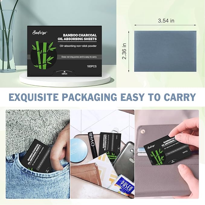 Natural Bamboo Charcoal Oil Absorbing Tissues - 4pk/400 Oil Blotting Sheets For Face, Oil Control Film, Oil Absorbing Sheets, Makeup Friendly-Velvo Beauty