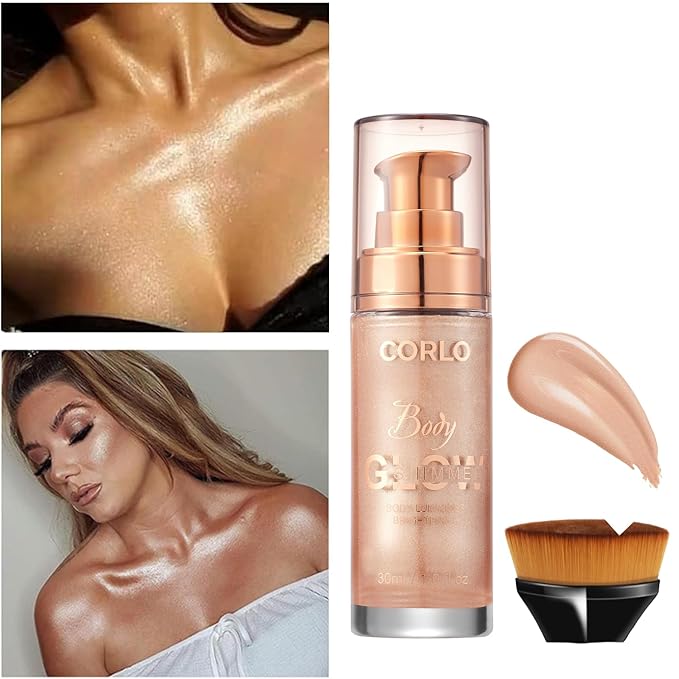 Corlo Body Shimmer Oil Liquid Glitter Face Luminizer Glow Highlighter Waterproof Long Lasting Moisturizing Luminizer FaceProm Party Makeup Brush Include(Rose Gold, Body Oil)-Velvo Beauty