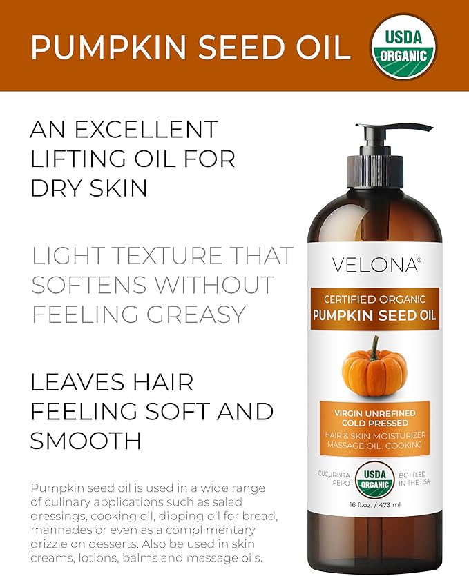 velona Pumpkin Seed Oil USDA Certified Organic - 16 Fl Oz | 100% Pure and Natural Carrier Oil | Unrefined, Cold Pressed | Cooking, Face, Hair, Body & Skin Care | Use Today - Enjoy Result-Velvo Beauty