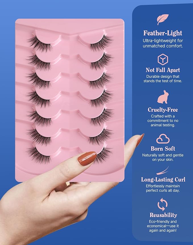 Half Lashes Natural Eyelashes Wispy Lashes Natural Look Cat Eyelashes False Corner Lash Soft Fluffy 3/4 False Eyelash 7 Pairs 14MM D19-Velvo Beauty