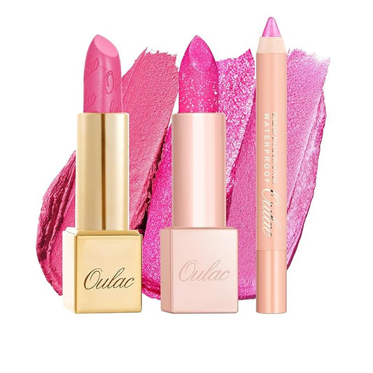 Oulac 3PCS Pink Lipstick Set | Metallic Lipstick, Moisturizing Lipstick, Lip Liner Stick | Smooth & Vegan | Ideal for Makeup Enthusiasts-Velvo Beauty