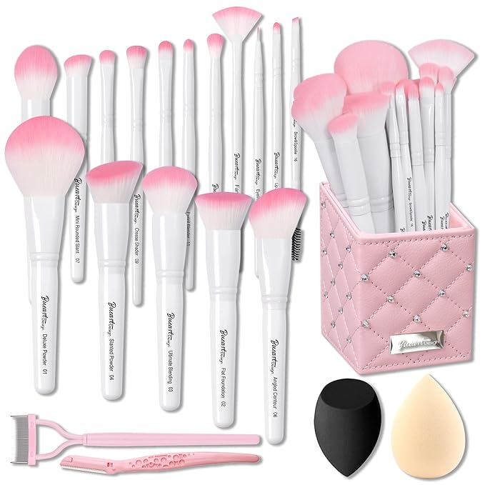 Bueart Design 16Pcs ULTRA SOFT labeled Makeup Brushes set with brush Holder face brush for Foundation Powder Blending Blush wooden Handle(16Pcs White+Pink Holder)-Velvo Beauty