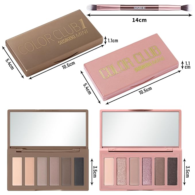 2PCS 6 Colors Mini Naked Eyeshadow Palette Makeup with Brush Set Neutral Nude Eye Shadow Pink & Brown Matte Shimmer Make Up Pallet with Mirror Highly Pigmented Travel Size Gift Kit-Velvo Beauty