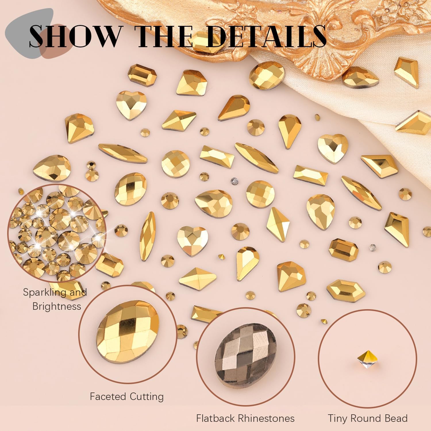 2680Pcs Mineral Gold Glass Nail Rhinestones 120Pcs Multi Shapes Flatback Nail Gems + 2560Pcs 1.5-4mm Round Crystal, Manicure Nail Charms Diamond Gemstones for Acrylic Nails Decoration-Velvo Beauty