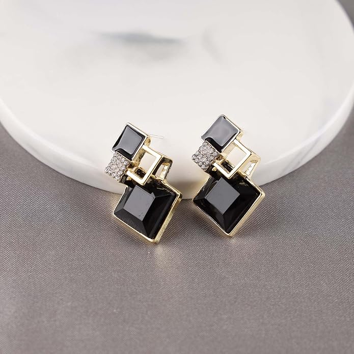 Vintage Crystal Square Drop Earrings Black Square Stud Earrings Gold Hollow Square Dangle Earrings Black Onyx Square Earrings Jewelry for Women-Velvo Beauty