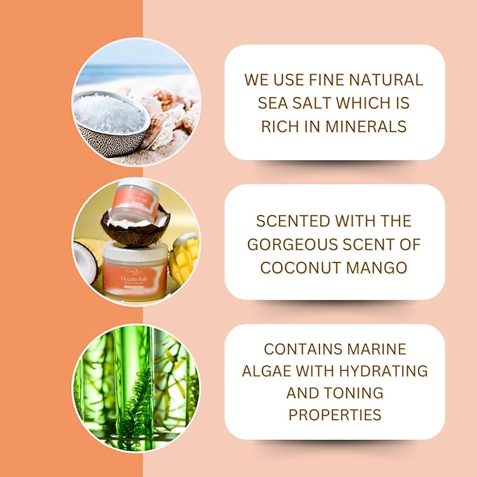 Sea Salt Body Scrub by Florida Suncare - Ocean Salt Body Polish Infused with Marine Algae - Exfoliating Face and Body Scrub - Facial Scrub Exfoliator to Tackle Acne (Coconut Mango, 12.1 oz)-Velvo Beauty