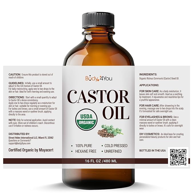 BodyJ4You Castor Oil for Eyelashes Eyebrows - 100% Pure Natural USDA Organic Cold Pressed - Hydrating Skin Hair Growth Oil Lashes Scalp - Non-GMO Hexane Free Unrefined Carrier - Glass Bottle 16 Fl Oz-Velvo Beauty