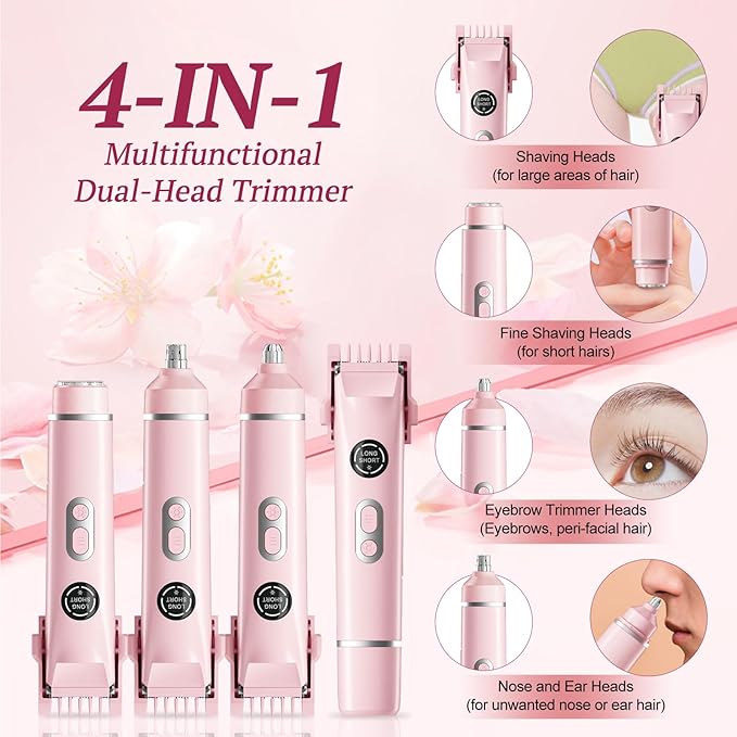 Bikini Trimmer for Women, 4 in 1 Wet/Dry Electric Razors for Women - Dual Head, Painless Rechargeable Portable Womens Razors for Shaving Set for Face, Nose, Eyebrows, Armpits, Bikini Area (Pink)-Velvo Beauty