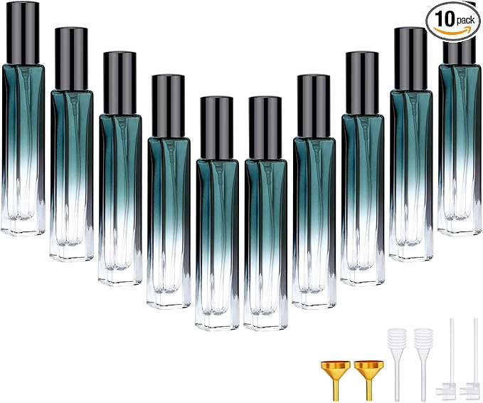 Segbeauty Green Glass Perfume Bottle Set, 10pcs 10ML Perfume Travel Refillable, 0.34oz Empty Atomizer Sprayer for Perfume Cologne Dispenser, Travel Sample Bottles Perfume Making Kit with Refill Tool-Velvo Beauty