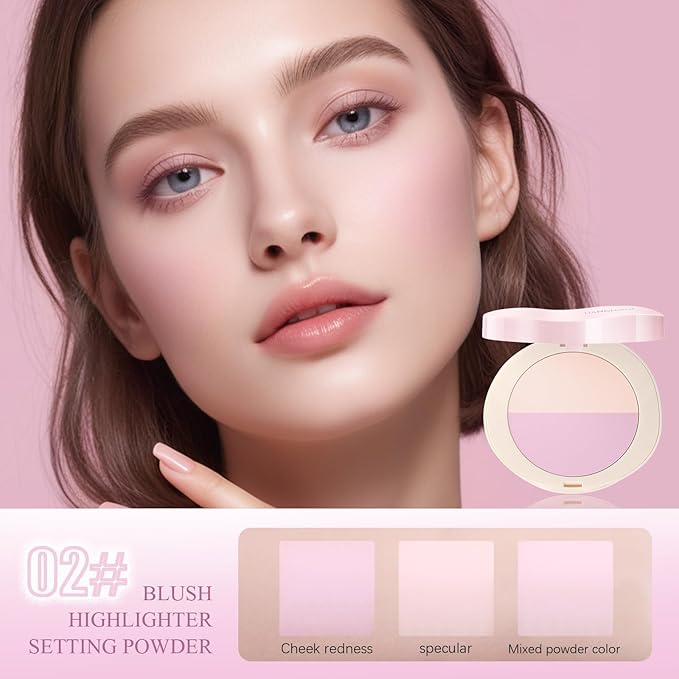 Pink Setting Powder, 3 in 1 Blush Palette with Puff, Highlighter Palette, Fine Texture Blush Pressed Powder, Setting Powder Makeup, Korea Makeup - Purple-Velvo Beauty