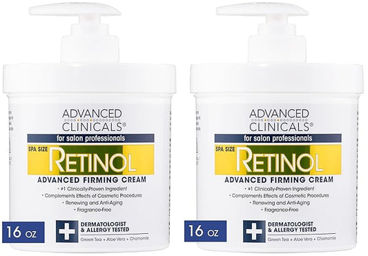 Advanced Clinicals Retinol Cream Face Moisturizer | Crepey Skin Care Treatment | Fragrance Free Body Lotion Targets Look Of Crepe Skin, Wrinkles, & Sagging Skin, 16 Oz (2-Pack)-Velvo Beauty