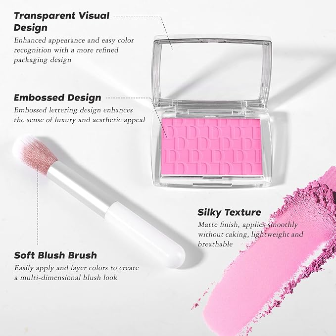 Pink Blush Powder Blush for Cheeks with Brush, Matte Blush Palette Blush Powder Face Blusher, Natural Blendable Formula Silky Lightweight Makeup Blush Rubores de Maquillaje, 001#-Velvo Beauty