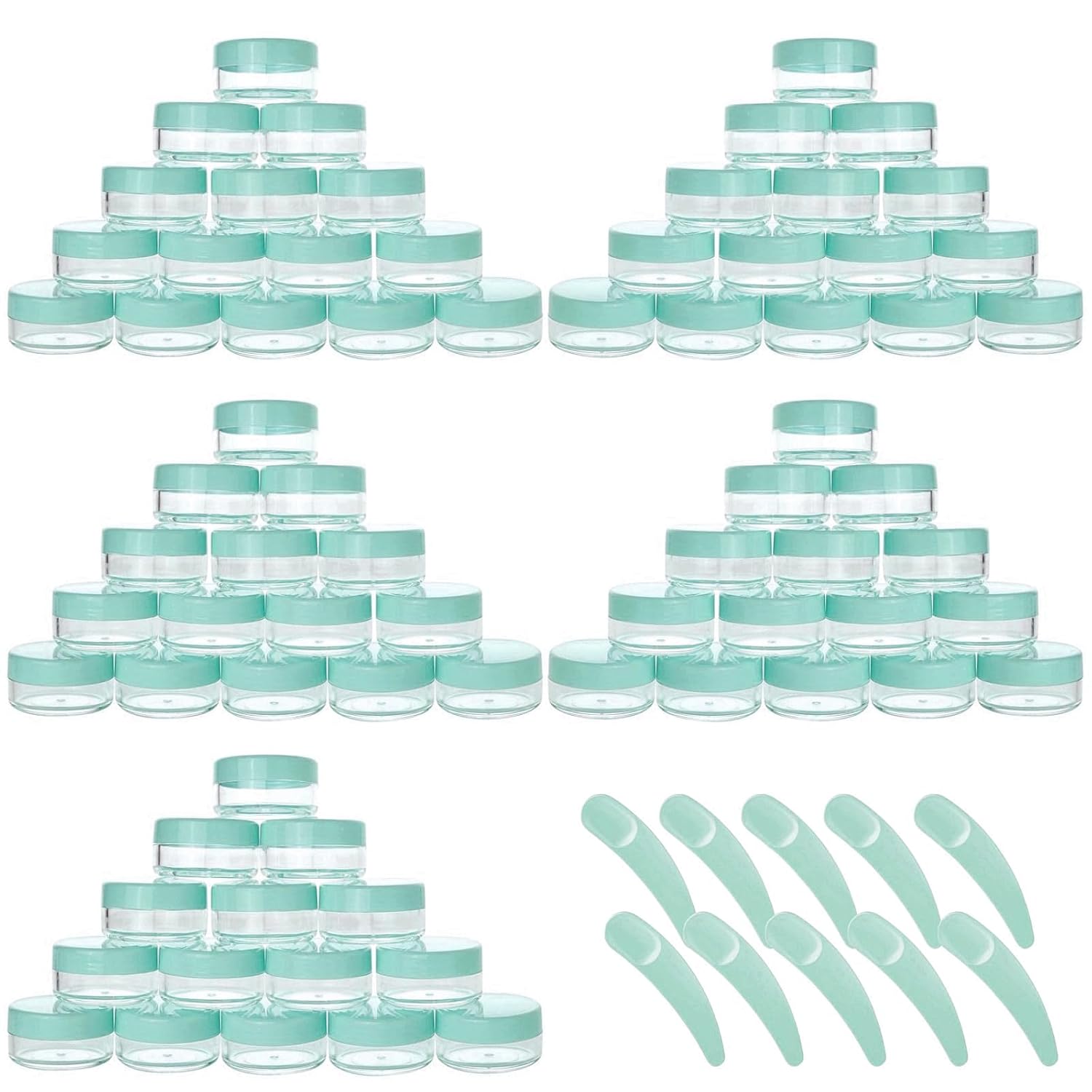 Refillable Cosmetic Sample Jars - 100 Pack 10g (0.35oz) Green Small Travel Containers with Lids + 10 Mini Makeup Spatulas - BPA Free-Velvo Beauty