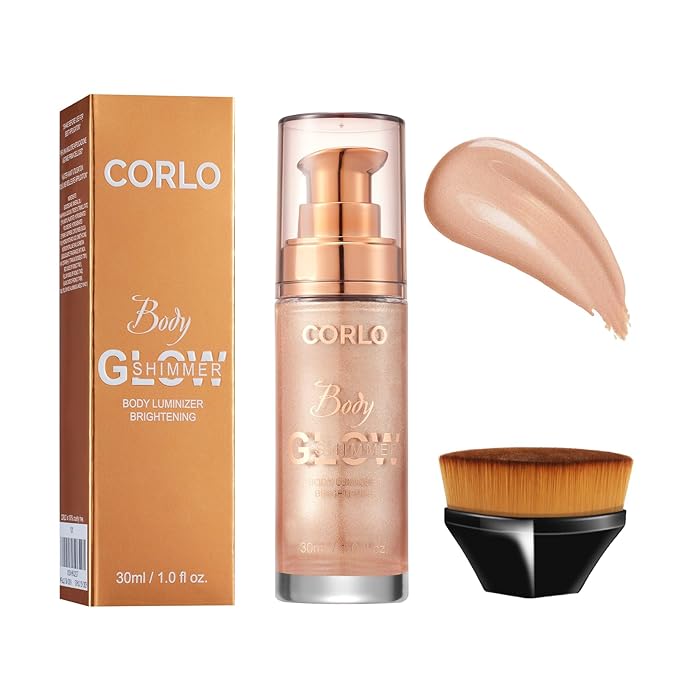 Corlo Body Shimmer Oil Liquid Glitter Face Luminizer Glow Highlighter Waterproof Long Lasting Moisturizing Luminizer FaceProm Party Makeup Brush Include(Rose Gold, Body Oil)-Velvo Beauty