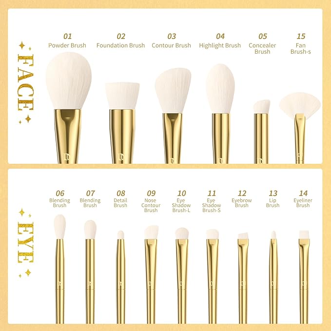 DUcare Makeup Brushes 15Pcs Makeup Brush Set with Holder Premium Synthetic Powder Foundation Contour Blush Concealer Eye Shadow Blending Liner Make Up Brush Kit gold-silver-Velvo Beauty