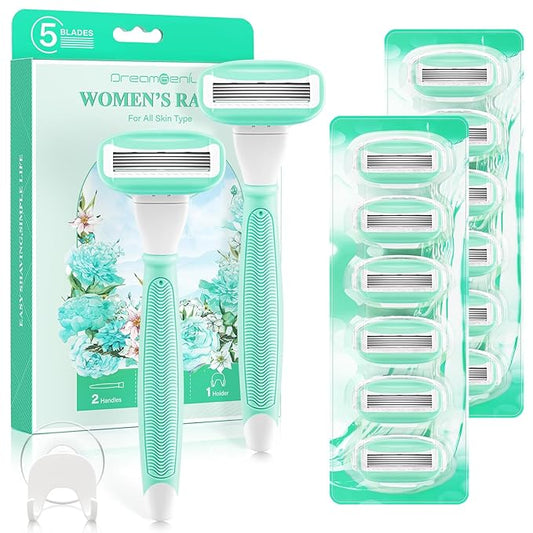 DreamGenius Razors for Women Include 2 Non-Slip Handles and 14 Blade Refills with a Shower Holder, 5 Premium Blades Women's Razors for Shaving with 360° Lubrication Reduces Irritation, Green-Velvo Beauty