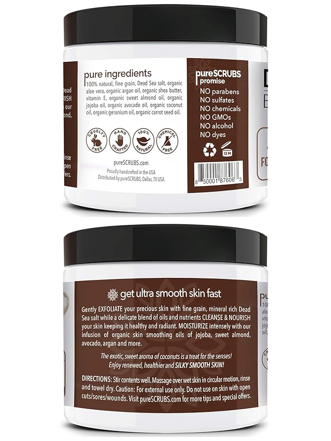 pureSCRUBS Premium Coconut Body Scrub Set - Large 16oz Dead Sea Salt Body Scrub With Infused Essential Oils & Nutrients, Includes Wooden Spoon, Loofah & Oatmeal Exfoliating Bar Soap-Velvo Beauty