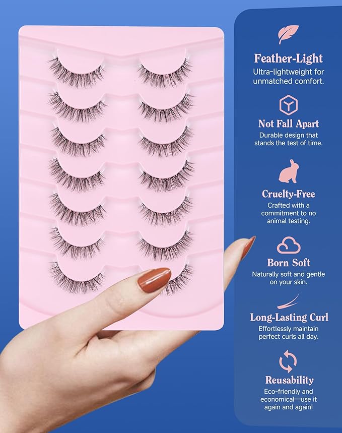 Clear Band Lashes Short Everyday Wispy False Eyelashes Natural Look Flared Strip Eyelash Small Lash Soft Fluffy Pack 7 Pairs SF-06-Velvo Beauty