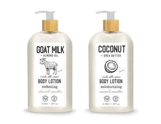Skin Verse Body Lotion, Goat Milk, Almond Oil Body Lotion, Softening, Almond Vanilla, Coconut, Shea Butter Body Lotion, Moisturizing, Coconut Vanilla, 28 fl. oz. | Home and Body Co-Velvo Beauty
